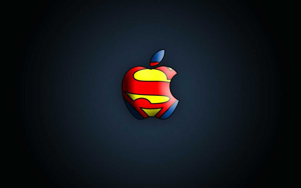 Digital wallpaper with Apple logo merged with Superman S shield on dark blue gradient background