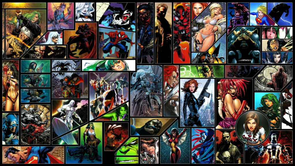 Graphic Novel Showcase: A Colorful Collage of Iconic Comics Characters in Artistic Wallpaper Presentation