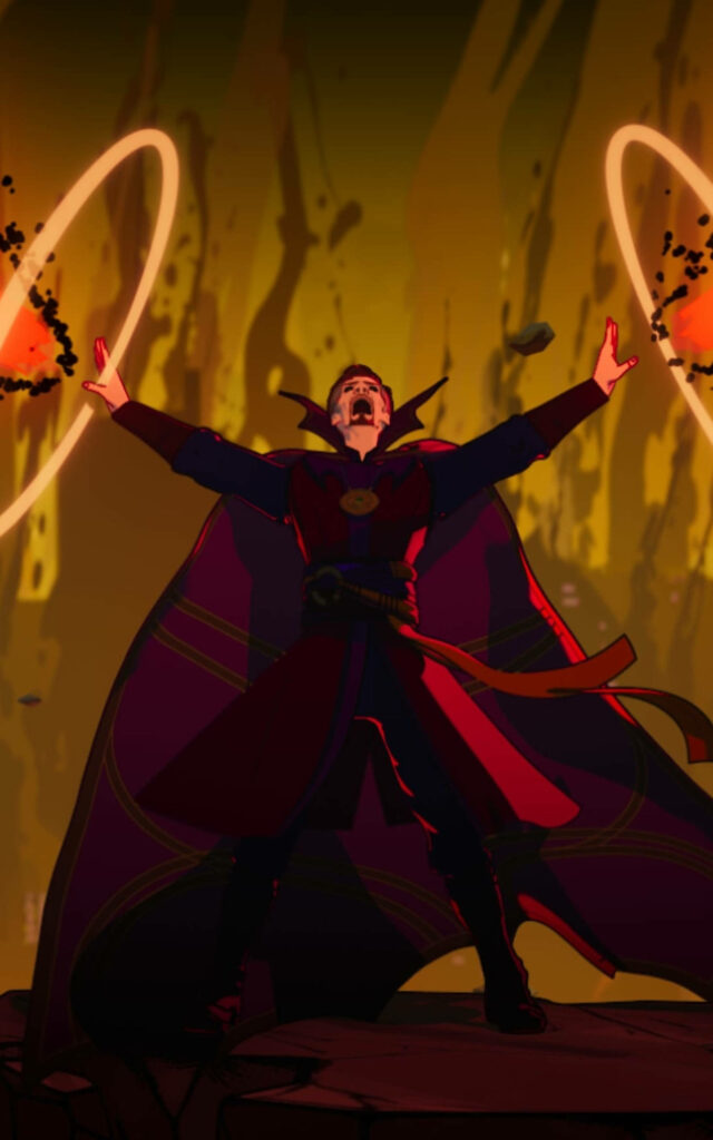 Superior Doctor Strange conjures magical energy in red cloak with fiery glowing background wallpaper