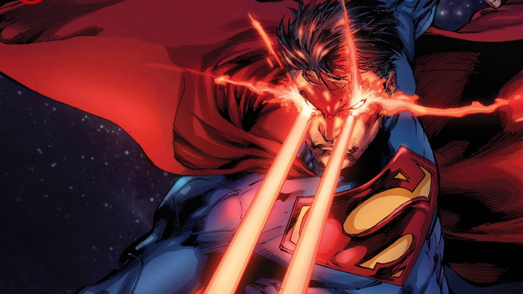 Superman flying in space unleashing red heat vision intense comic book hero wallpaper background