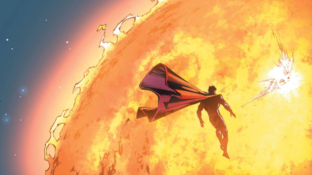 Superman silhouette soaring against fiery sun vibrant DC Comics wallpaper background
