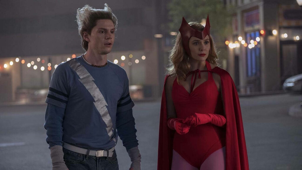 Marvel's Dynamic Duo: Scarlet Witch and Quicksilver Engage in an Epic Supernatural Showdown in Wandavision Wallpaper