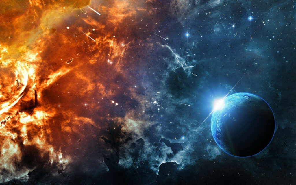 Exploring the Cosmic Extremes: Majestic Supernova Planet Amidst Fire and Ice in Space Atmosphere Wallpaper