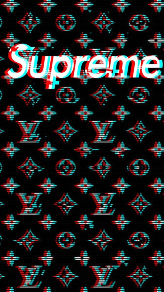 Glitch effect Supreme logo over dark background with iconic Louis Vuitton print patterns wallpaper