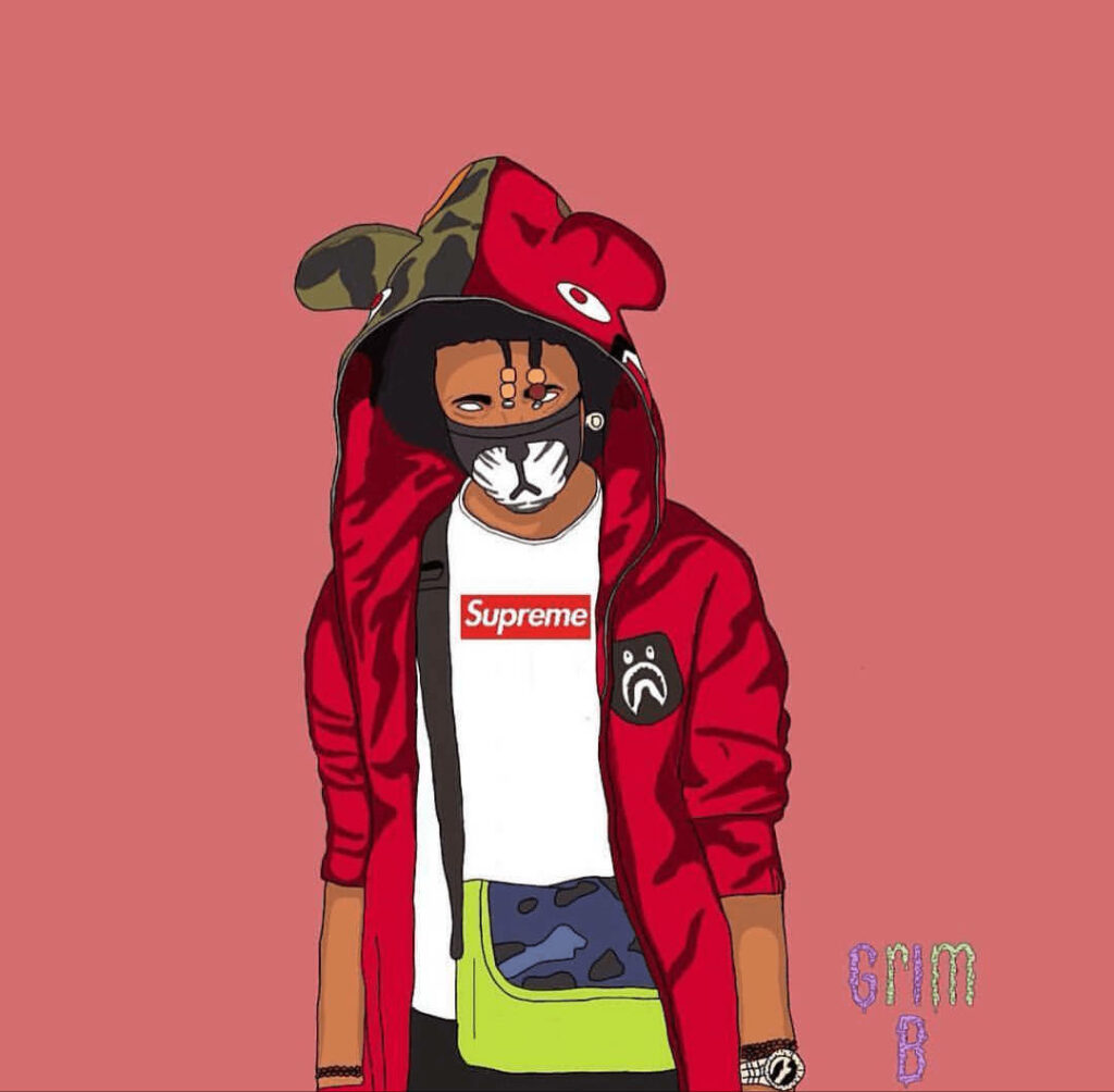 Fresh Street Style: Vibrant Cartoon Character Rocking Supreme Jacket, Bape Bag, against a Pastel Pink Backdrop Wallpaper