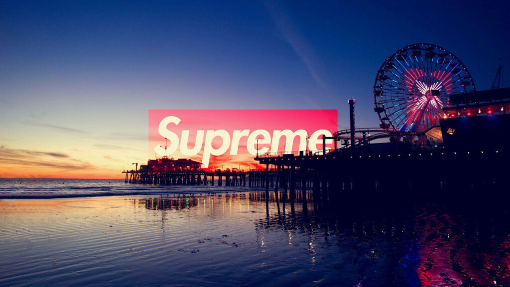 Pier Serenity: Supreme Logo Transcending Sunset Clouds Wallpaper