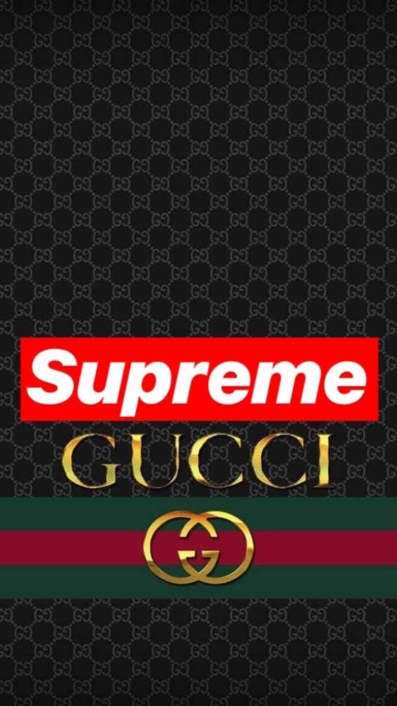 Supreme Gucci mobile wallpaper with red logo gold GG emblem dark monogram background green red stripe