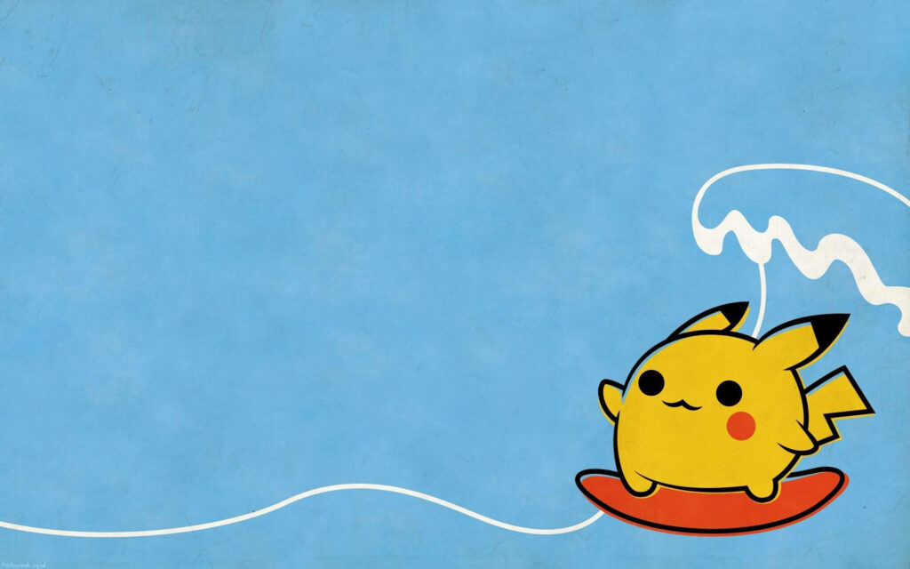 Catch the Adorable Pikachu Riding Waves on an Orange Surfboard against a Blue Background Wallpaper