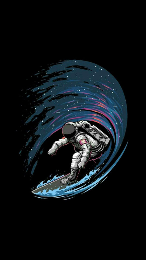 Surfin' through the Stars: Vibrant Cartoon Astronaut in a Cosmic Wave Wallpaper