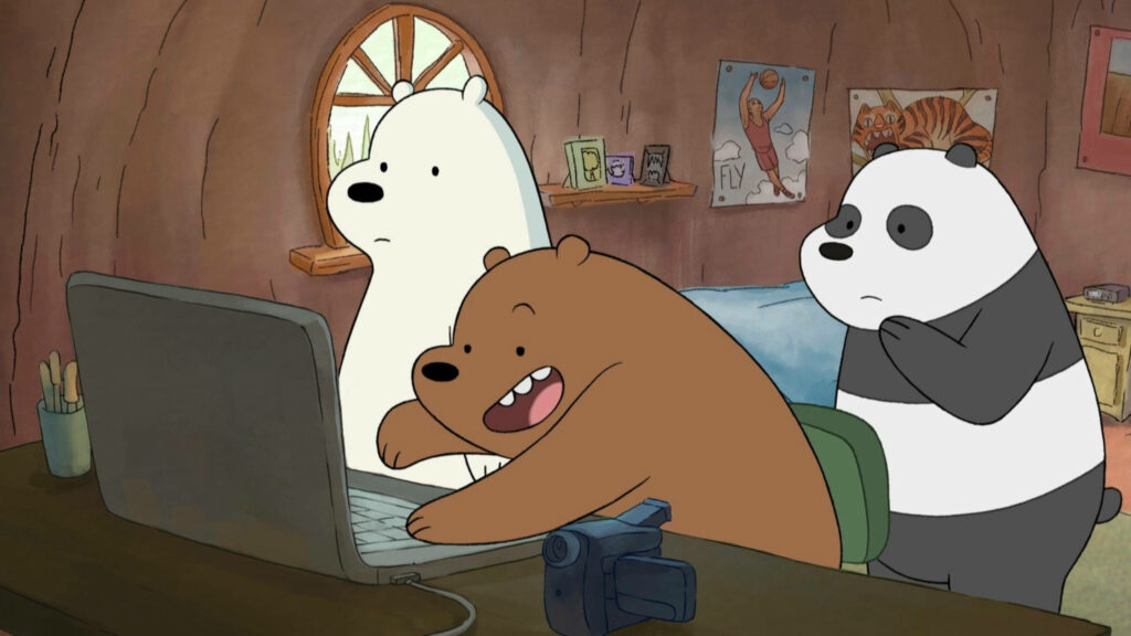 Surfing the Net with We Bare Bears: A Cute Cartoon Wallpaper of Pan-Pan, Ice, and Grizz