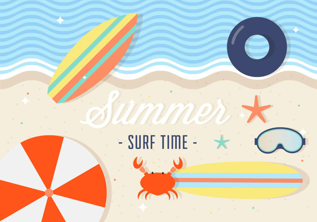 Vibrant summer beach scene with surfboards snorkel gear crab and floating ring on sand wallpaper