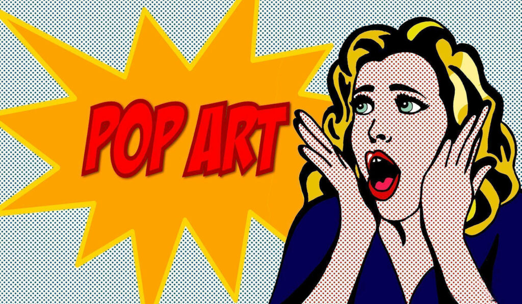 Surprised blonde woman with red lips in classic comic pop art style on yellow burst background Wallpaper
