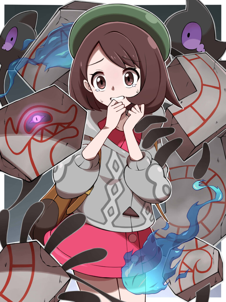 “Surprised Girl with Runerigus: Eerie Pokémon Wallpaper Background”