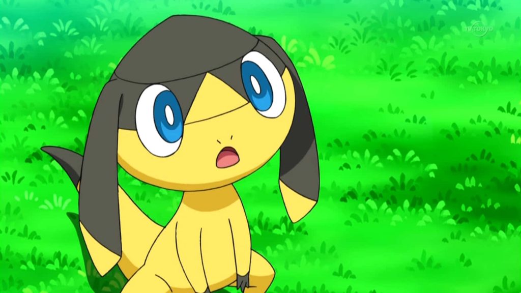 Surprised Helioptile Pokemon on bright green grass desktop wallpaper in classic 2D anime style