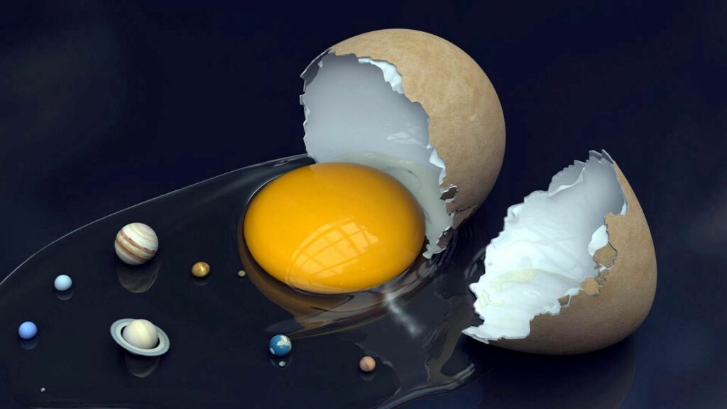 Surreal Egg Yolk with Mini Planets: Unique 1920x1080 Wallpaper