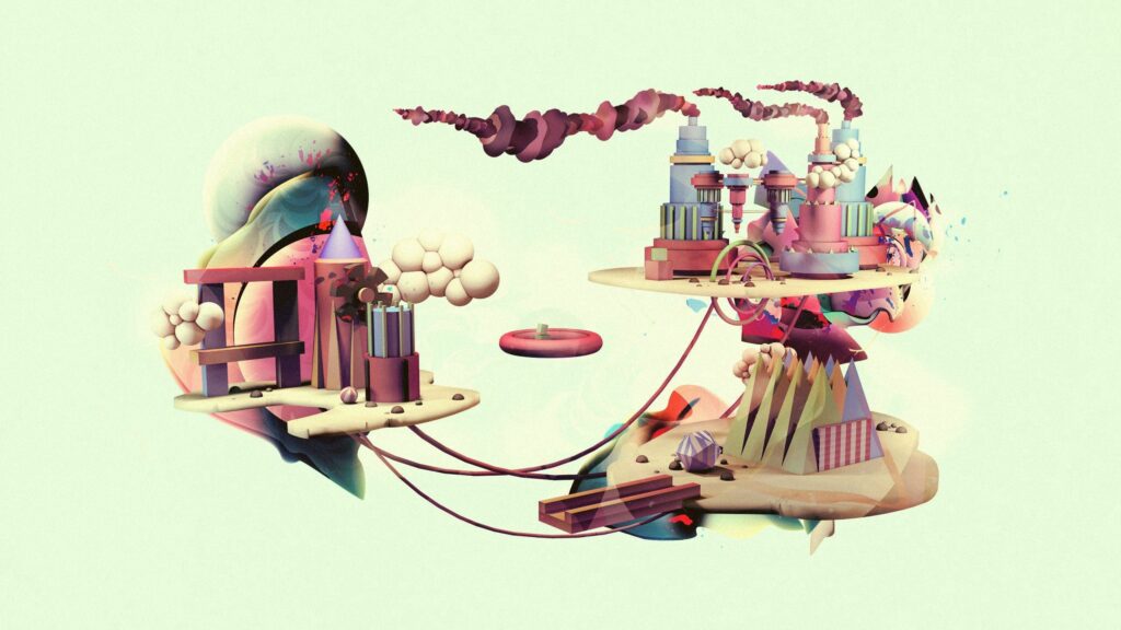Surreal Futuristic Wallpaper: Abstract Machinery & Floating Islands