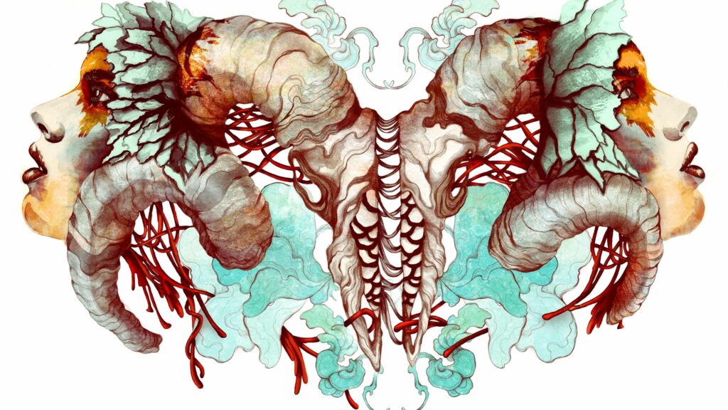 Surreal 2560x1440 Wallpaper: Intricate Horned Profiles in Vivid Colors