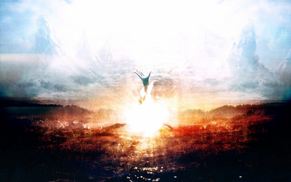 Surreal Radiant Explosion Wallpaper: Ascending Figure in Ethereal Scene