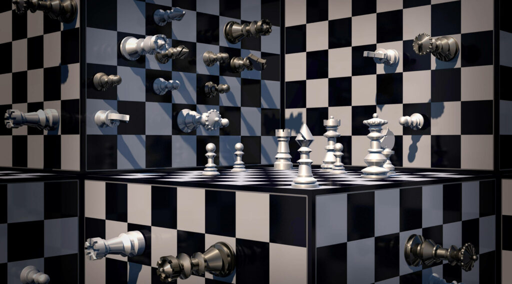 Surreal 3D Chessboard Wallpaper: Floating Pieces & Optical Illusion