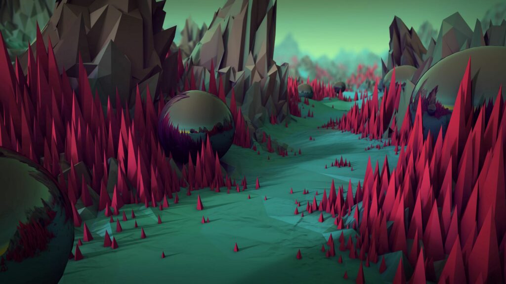 Surreal 3D Landscape Wallpaper: Metallic Spheres & Neon Formations