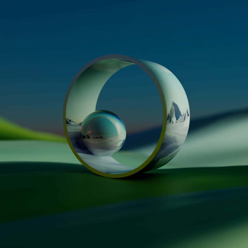 Surreal 3D Landscape Wallpaper: Reflective Sphere & Torus Design