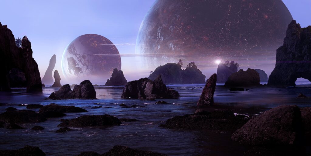 Surreal 3D Landscape Wallpaper: Jagged Rocks & Massive Planets