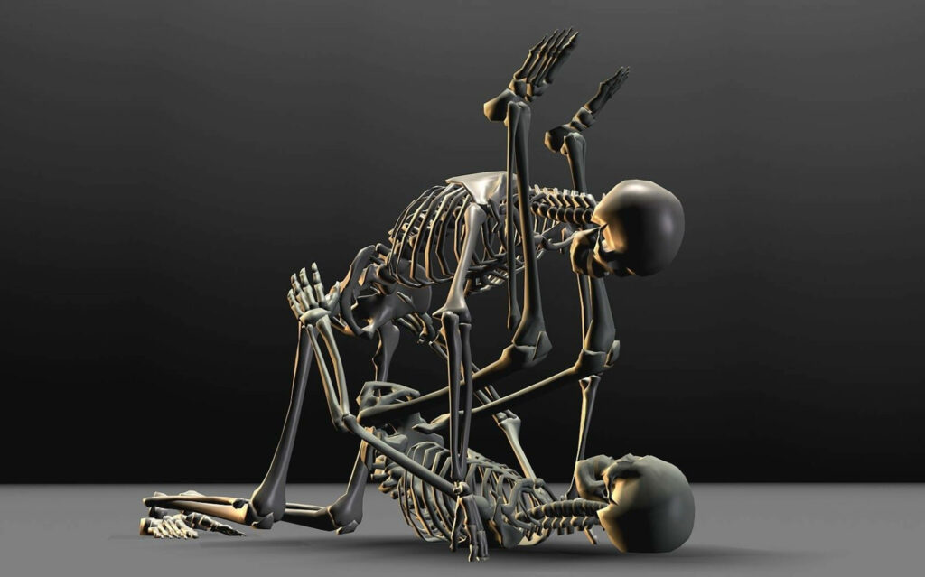 Surreal 3D Skeletons Wallpaper: Dark Gradient Background Art
