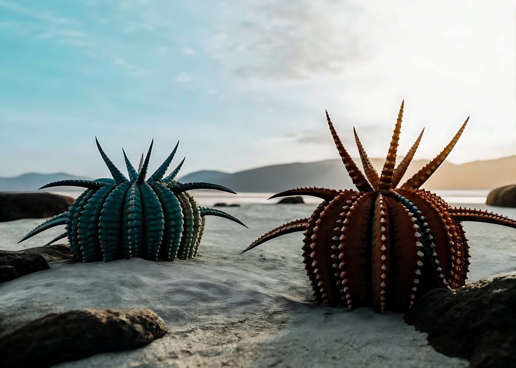 Surreal 3D digital art of teal and orange spiky cacti on sandy beach with sunset and mountains Wallpaper