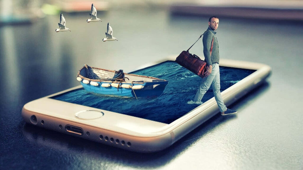 Surreal 3D Wallpaper: Man Steps into Ocean Scene on Smartphone Screen