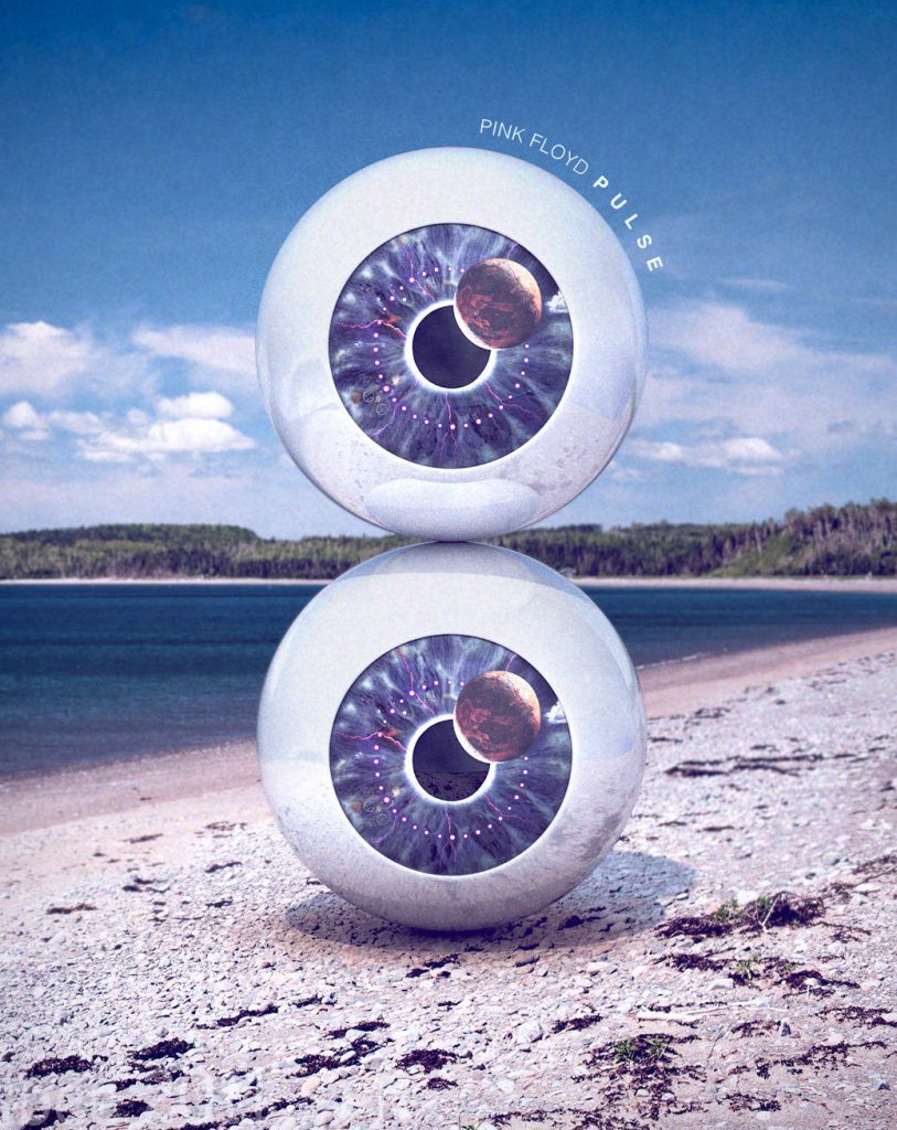 Surreal Pink Floyd Pulse wallpaper with cosmic orbs and serene beach in 4K digital art background