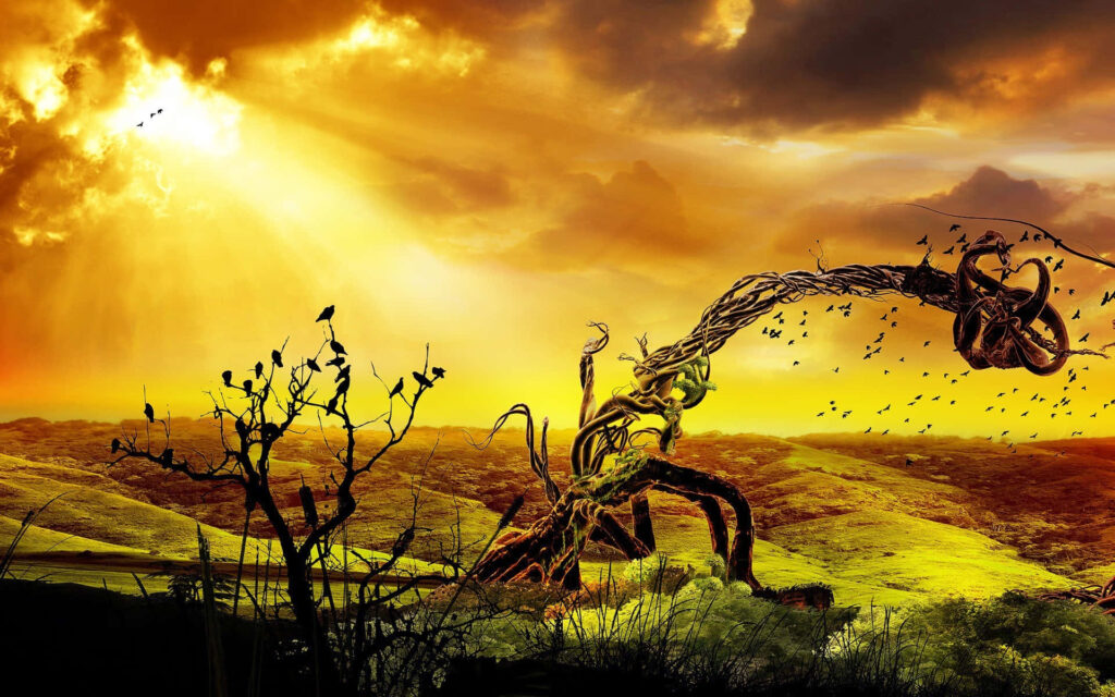 Surreal Abstract Wallpaper: Twisted Trees & Golden Sunset Scene