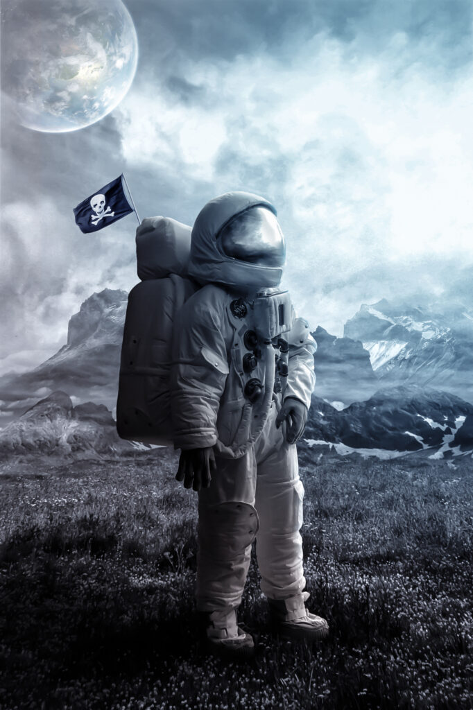 Surreal Astronaut Wallpaper: Cosmic Landscape with Pirate Flag