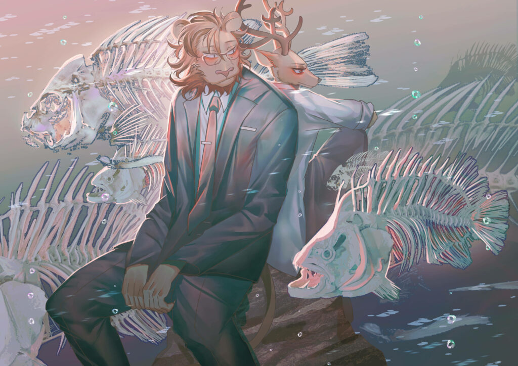 Elegant Beastars Wallpaper: Ibuki & Louis in Surreal Underwater Design