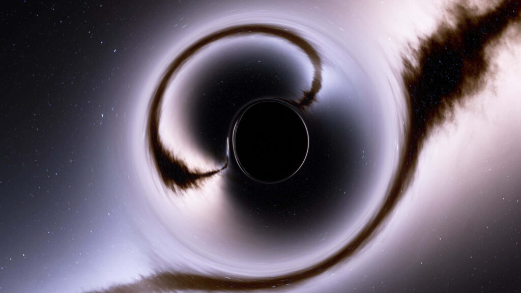Surreal black hole wallpaper with distorted light in a star-filled cosmic background.