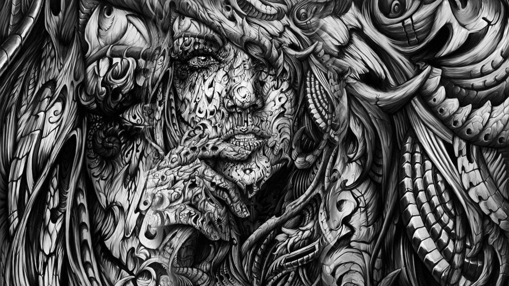 Surreal Goddess Black and White Wallpaper: Intricate Patterns & Textures
