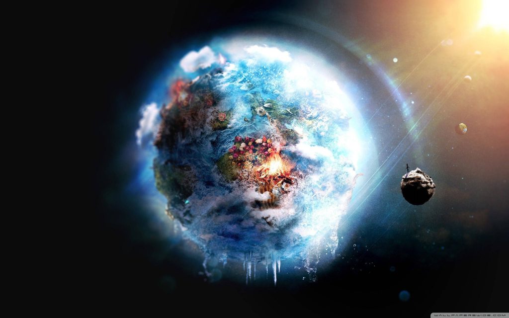 Surreal glowing planet with fire ice roses and silhouette on asteroid in space wallpaper background