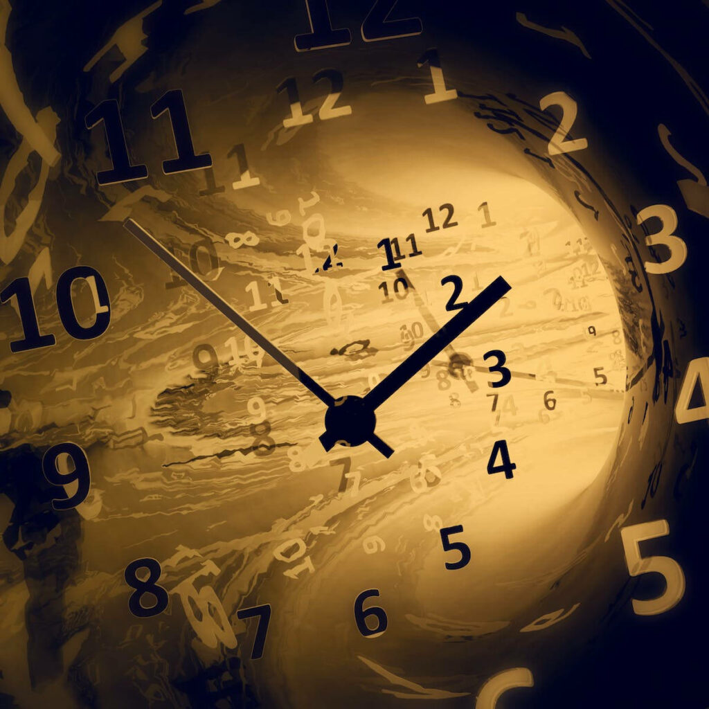 Surreal clock wallpaper with floating distorted numbers and golden vortex illustrating time motion