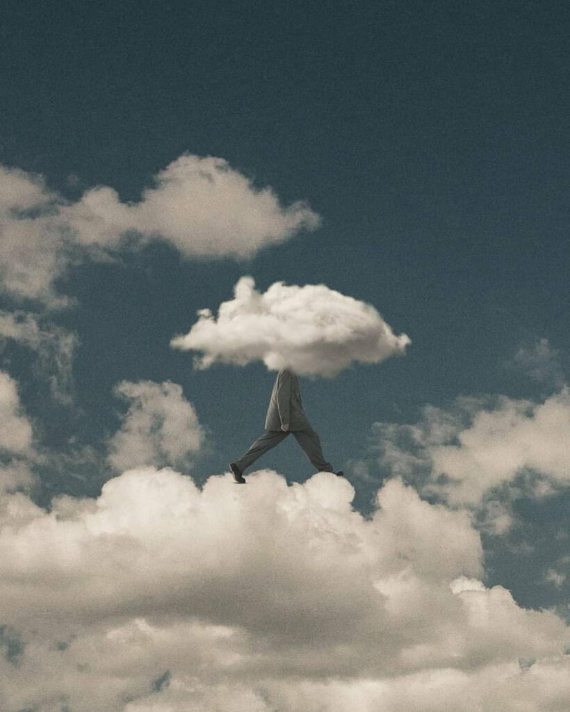 Surreal Cloud-Head Figure Walking in Sky | Aesthetic HD Wallpaper