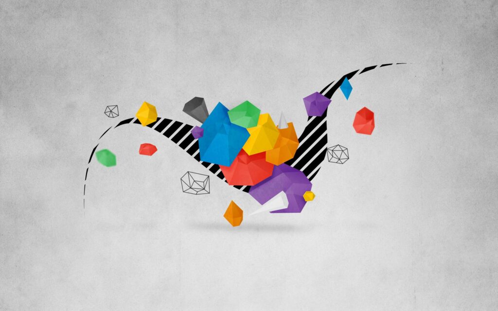 Surrealist Origami Wallpaper: Colorful Shapes on Minimalist Canvas