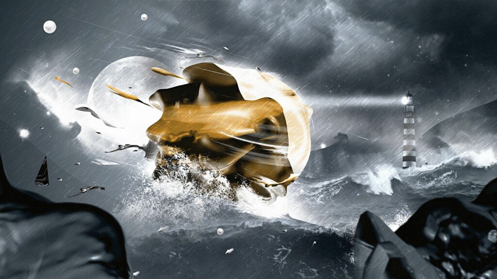 Surreal Cosmic Explosion Wallpaper: Ethereal Light Over Stormy Sea