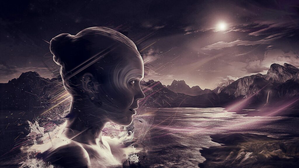 Surreal Cosmic Wallpaper: Girl's Face in Ethereal Landscape
