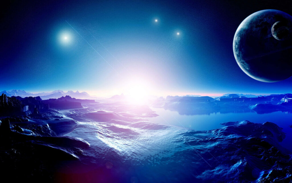 Surreal cosmic landscape wallpaper with glowing horizon and celestial bodies, alien serenity.