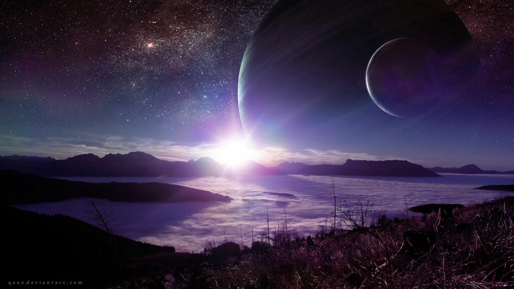 Surreal Cosmic Landscape Wallpaper with Glowing Planet and Alien Terrain