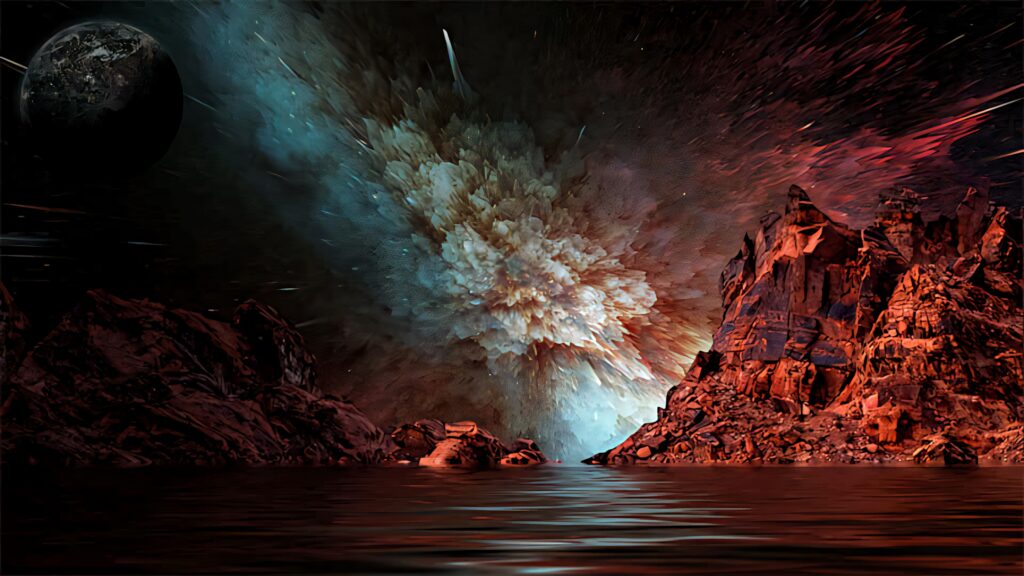 Surreal Cosmic Landscape Wallpaper: Colorful Explosion & Rocky Terrain