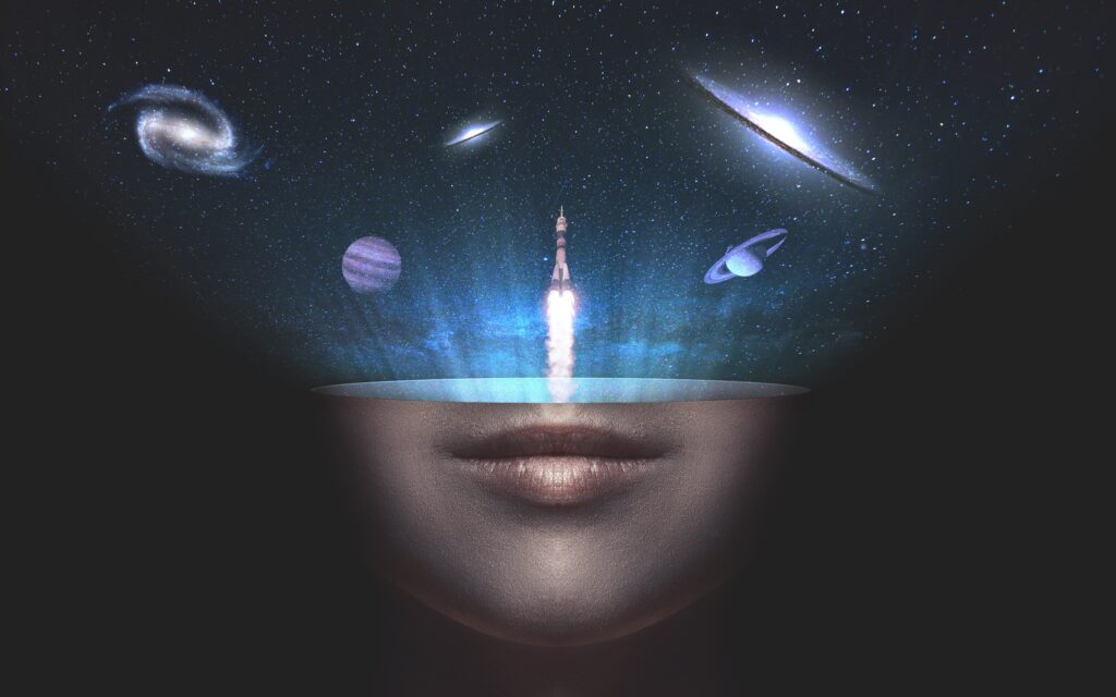Cosmic Wonder Wallpaper: Human Face & Rocket in Starry Universe