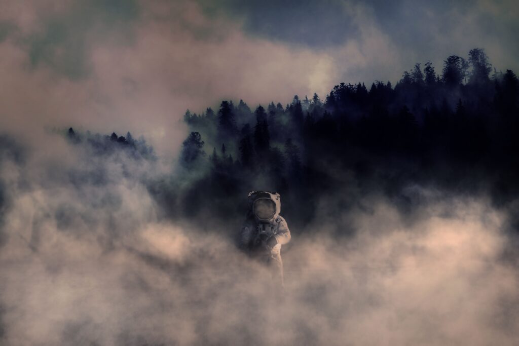 Surreal Cosmonaut Wallpaper: Ethereal Forest & Digital Artistry