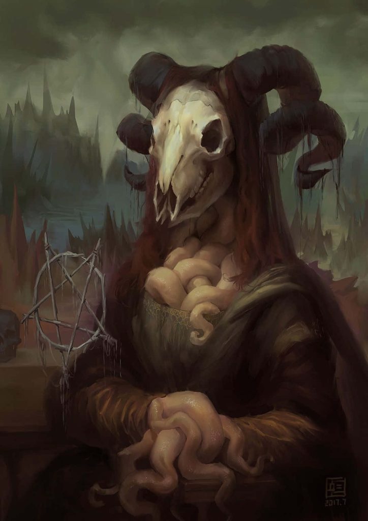 Dark fantasy Mona Lisa with horned demon skull tentacles pentagram gothic horror wallpaper