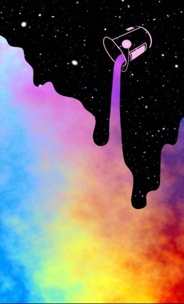 Surreal digital art wallpaper of a bucket spilling starry night sky into a colorful rainbow nebula