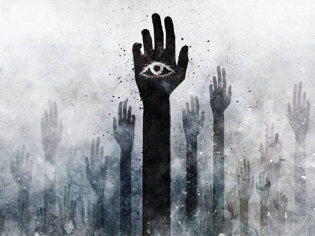 Surreal digital art of a crowd of reaching hands with central eye palm on dark textured background Wallpaper