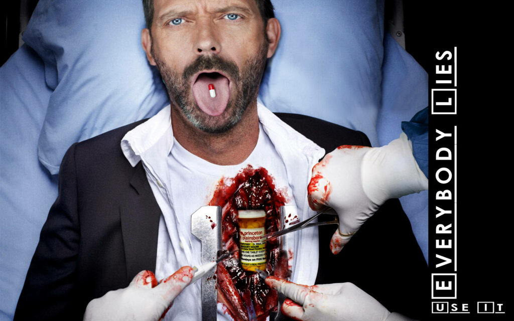 Surreal Dr. House Wallpaper: 'Everybody Lies' Scene with Pill Bottle